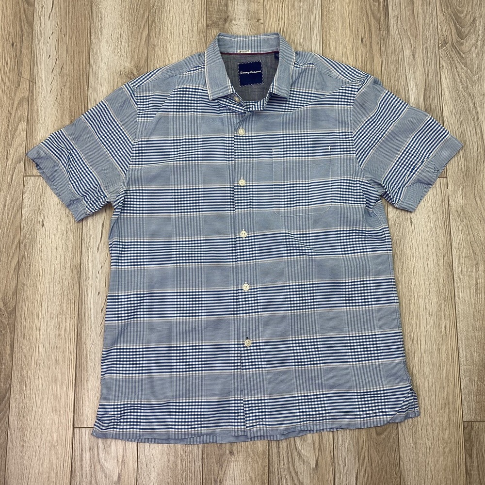 Tommy Bahama Mens Button Up Shirt Large Blue White Check Stripe Short sleeve